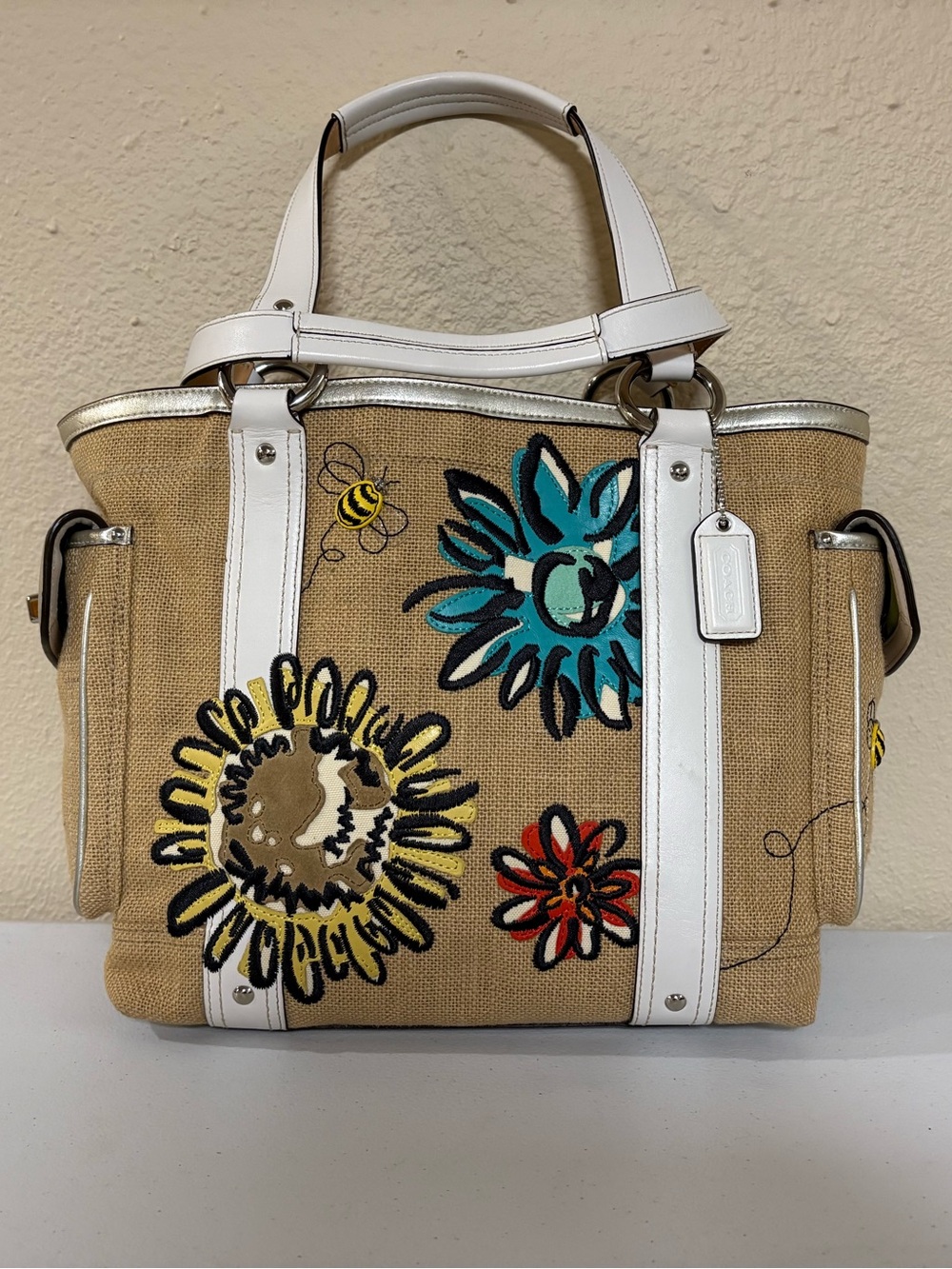 Coach Burlap Bumble Bee Floral Tote with White Trim 9447 EUC